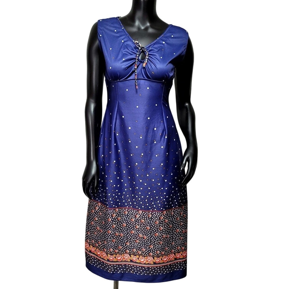 Handmade Vintage 70s Blue Floral‎ Border Print Empire Waist Keyhole Midi Dress